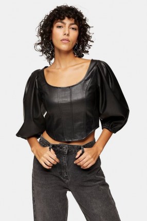 TOPSHOP Black PU Cropped Puff Sleeve Corset ~ faux leather crop hem tops - flipped