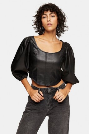 TOPSHOP Black PU Cropped Puff Sleeve Corset ~ faux leather crop hem tops