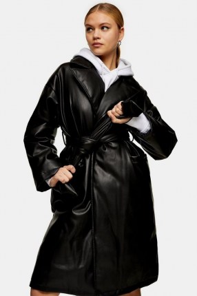TOPSHOP Black PU Padded Belted Coat ~ faux leather self tie coats - flipped