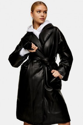 TOPSHOP Black PU Padded Belted Coat ~ faux leather self tie coats