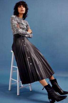TOPSHOP Black PU Pleated Midi Skirt ~ faux leather skirts - flipped