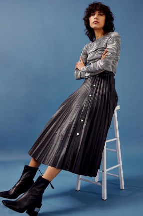 TOPSHOP Black PU Pleated Midi Skirt ~ faux leather skirts
