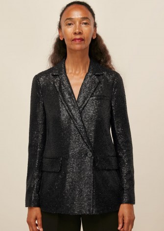 WHISTLES SEQUIN DOUBLE BREASTED BLAZER BLACK / shimmering evening jackets / sequinned blazers