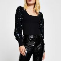 RIVER ISLAND Black sequin sleeve square neck top / shimmering sequinned sleeves