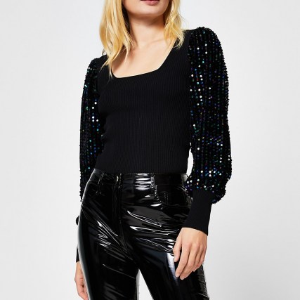 RIVER ISLAND Black sequin sleeve square neck top / shimmering sequinned sleeves - flipped