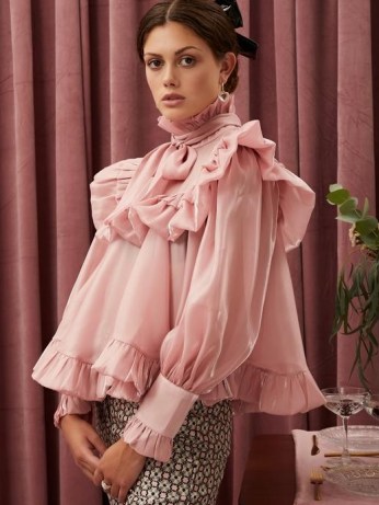 sister jane Grapefruit Ruffle Bow Top Candy Pink ~ full frill trimmed high neck tops ~ romantic fashion