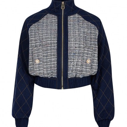 River Island Blue denim boucle crop bomber jacket | double fabric jackets - flipped