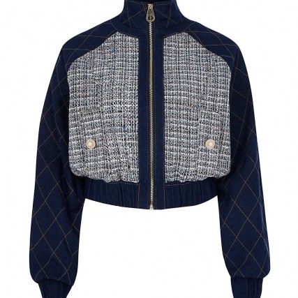 River Island Blue denim boucle crop bomber jacket | double fabric jackets