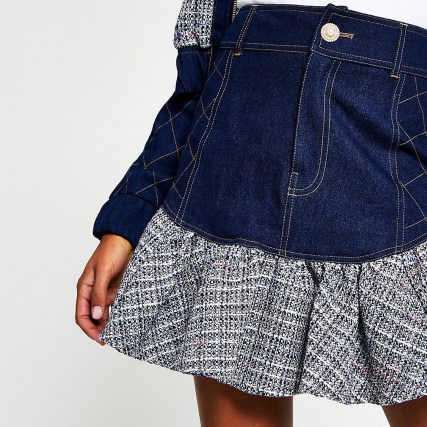 River Island Blue denim boucle frill mini skirt | textured ruffle hem skirts
