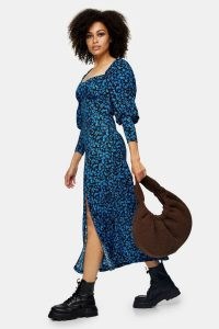 Topshop Blue Ditsy Midi Full Sleeve Prairie Midi Dress