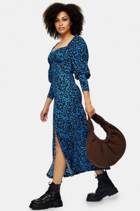 Topshop Blue Ditsy Midi Full Sleeve Prairie Midi Dress