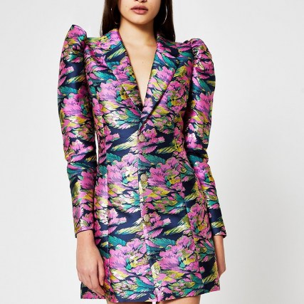 RIVER ISLAND Blue floral jacquard blazer dress ~ defined shoulders ~ luxe style jacket dresses ~ party fashion - flipped