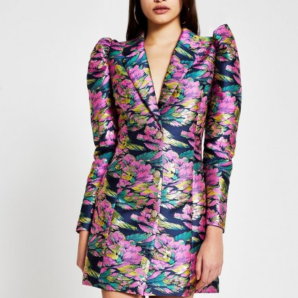RIVER ISLAND Blue floral jacquard blazer dress ~ defined shoulders ~ luxe style jacket dresses ~ party fashion