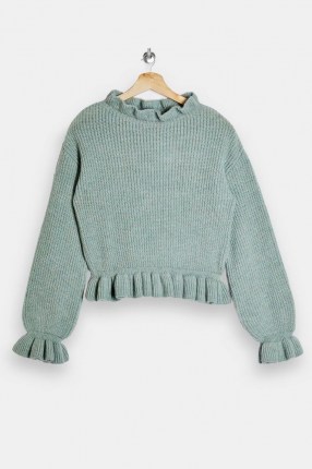 TOPSHOP Blue Frill Neck Knitted Jumper ~ ruffle trim jumpers ~ feminine knitwear