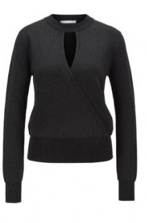 HUGO BOSS Floricia Relaxed-fit sweater in metallised stretch fabric in black / front keyhole cut out sweaters