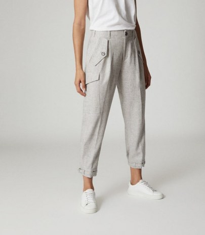 REISS BRIANNA WOOL BLEND CARGO TROUSERS GREY MARL ~ casual pocket detail pants - flipped