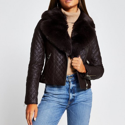 Brown quilted faux fur collar PU biker jacket ~ faux leather jackets ~ casual winter outerwear