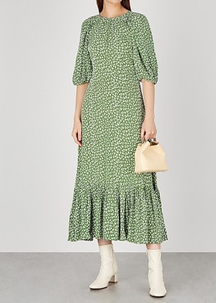BYTIMO Green floral-print midi dress ~ vintage look volume sleeve dresses ~ flared hemlines - flipped