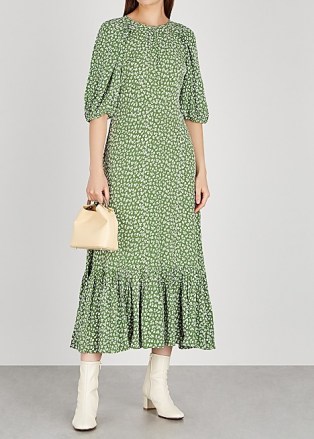 BYTIMO Green floral-print midi dress ~ vintage look volume sleeve dresses ~ flared hemlines