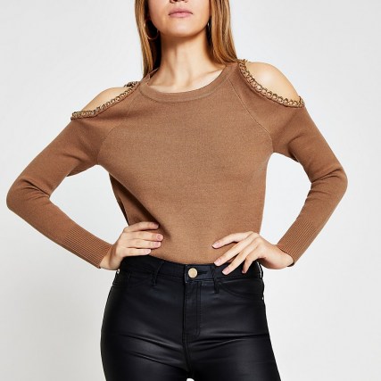 RIVER ISLAND Camel chain detail cold shoulder jumper ~ brown cut out jumpers