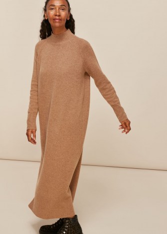 WHISTLES LONGLINE WOOL KNIT DRESS in Camel ~ light brown sweater dresses - flipped