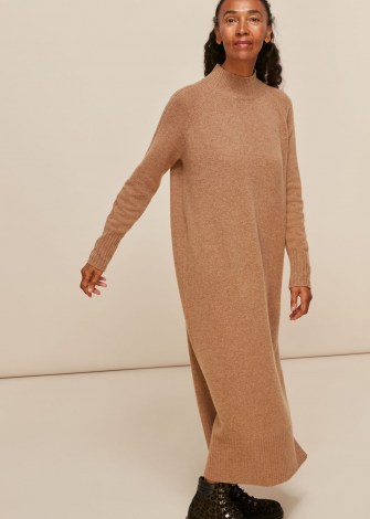WHISTLES LONGLINE WOOL KNIT DRESS in Camel ~ light brown sweater dresses