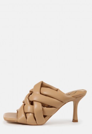 MISSGUIDED camel padded woven cross over mules ~ light brown crisscross mule ~ going out heels - flipped