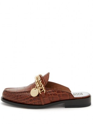 GIVENCHY Chain-embellished leather backless loafers / brown croc embossed loafer / crocodile effect slip ons - flipped