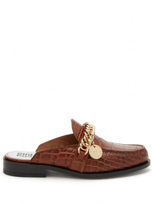 GIVENCHY Chain-embellished leather backless loafers / brown croc embossed loafer / crocodile effect slip ons