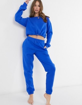 Chelsea Peers Exclusive organic cotton heavy weight drawstring crop lounge sweat in bright blue ~ cropped sweat tops ~ loungewear - flipped