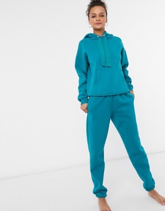 Chelsea Peers organic cotton heavy weight lounge set in teal ~ loungewear sets ~ joggers and hoodies ~ jogger and hoodie co-ords - flipped