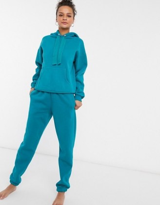 Chelsea Peers organic cotton heavy weight lounge set in teal ~ loungewear sets ~ joggers and hoodies ~ jogger and hoodie co-ords