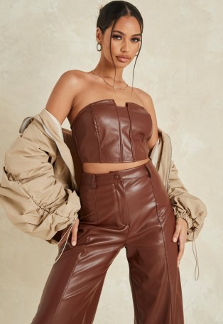 MISSGUIDED chocolate co ord faux leather corset crop top ~ brown strapless tops ~ cropped hem - flipped