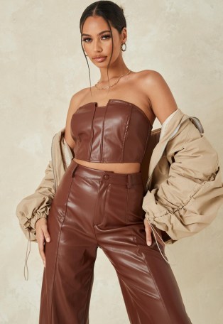 MISSGUIDED chocolate co ord faux leather corset crop top ~ brown strapless tops ~ cropped hem