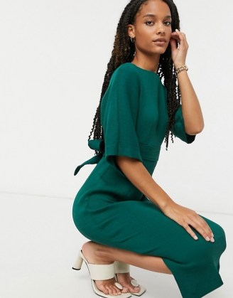 Closet London ribbed pencil dress with tie belt in emerald green - flipped