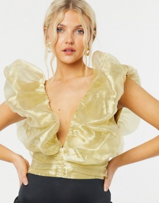 Collective the Label exclusive bodysuit with statement organza shoulder in champagne gold ~ plunge front ruffle bodysuits ~ going out fashion - flipped
