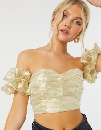 Collective the Label exclusive ruched crop top with volume sleeve in textured gold ~ luxe style bardot tops ~ glamorous off the shoulder fashion ~ evening glamour - flipped