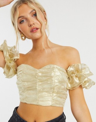 Collective the Label exclusive ruched crop top with volume sleeve in textured gold ~ luxe style bardot tops ~ glamorous off the shoulder fashion ~ evening glamour