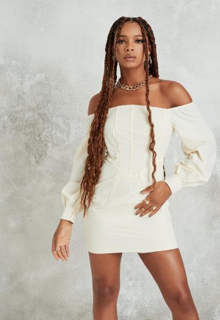 Missguided cream bardot corset detail mini dress ~ fitted-bodice off the shoulder dresses - flipped