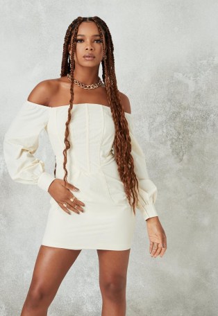 Missguided cream bardot corset detail mini dress ~ fitted-bodice off the shoulder dresses