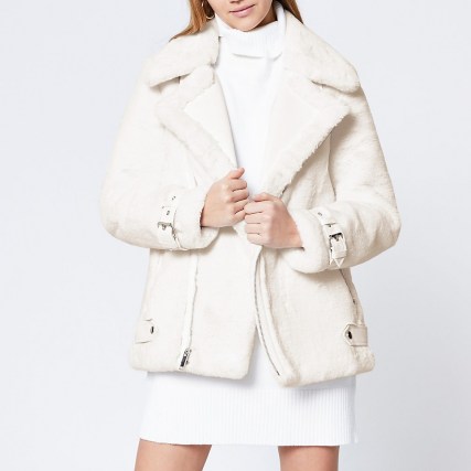 River Island Cream faux fur aviator jacket ~ luxe style winter jackets - flipped