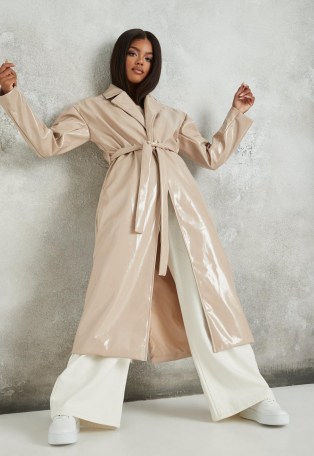 MISSGUIDED cream faux leather belted maxi coat ~ high shine coats - flipped