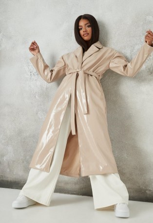 MISSGUIDED cream faux leather belted maxi coat ~ high shine coats