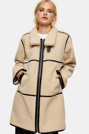 TOPSHOP Cream Jacket With Black PU Piping ~ textured winter jackets - flipped