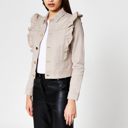 RIVER ISLAND Cream long sleeve frill denim jacket ~ ruffle detail jackets - flipped