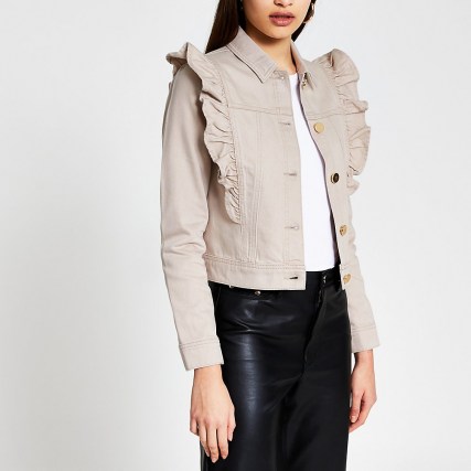 RIVER ISLAND Cream long sleeve frill denim jacket ~ ruffle detail jackets