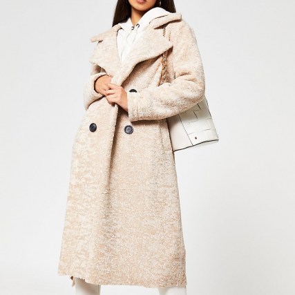 RIVER ISLAND Cream shearling long line coat ~ textured winter coats ~ luxe style outerwear - flipped