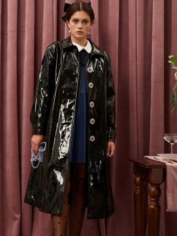 sister jane Raise a Glass Trench Coat ~ black high shine embellished button coats
