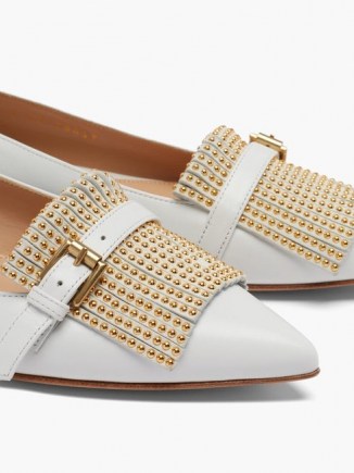 GIANVITO ROSSI Danielle studded-fringe leather loafers / stud detail loafer / light-grey pointed flats - flipped
