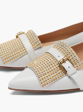 GIANVITO ROSSI Danielle studded-fringe leather loafers / stud detail loafer / light-grey pointed flats